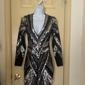 Express Black and Silver Sequin Long Sleeve Dress